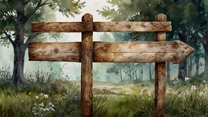 🪵✨ Rustic Wooden Signpost in Fairy Tale Watercolor Style 🎨🌿 Hand-Painted Arrow & Plank with Aged Wood Texture 🏕️🎭 Soft Pastel Browns, Dreamy Shading & Pure White Background for Easy Use 🏞️🎨