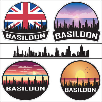 Basildon UK Flag Skyline Cityscape Silhouette Travel Souvenir Sticker Isolated Vector