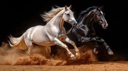 Obraz premium Two horses in motion, one white and one black, running on a dirt arena against a dark background. A dramatic and dynamic image