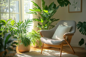 A chair with a potted plant in a cozy room, bathed in soft sunlight.