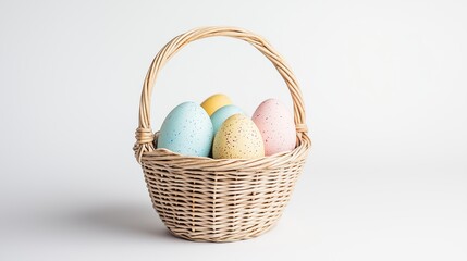 Fototapeta premium Detailed close-up of an Easter basket filled with pastel-colored painted eggs against a crisp white background, reflecting a tranquil Easter theme. 