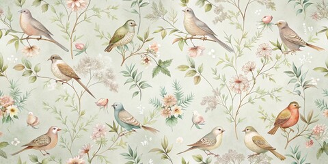 A Delicate Watercolor Avian and Floral Seamless Pattern Design Featuring a Variety of Pastel-Colored Birds Perched Amongst Softly Rendered Blossoms and Greenery