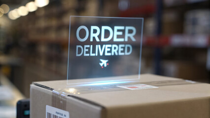 Close up of digital holographic sign indicating order has been delivered, showcasing modern technology in logistics