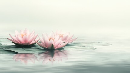 Serene Pink Lotus Flowers in Misty Pond.