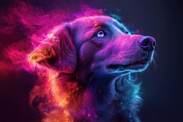 A dog sitting with a colorful nebula effect behind it.