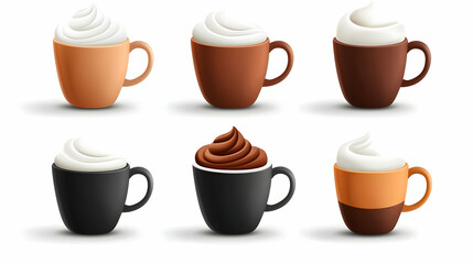 Obraz premium Assortment of Coffee Drinks with Whipped Cream in Various Mugs
