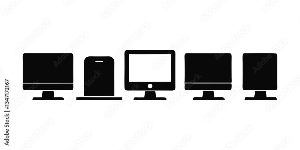 Fototapete Laptop computer cell phone and desktop pc screen icon vector simple graphic illustration set solid black line stroke outline art, mobile cellphone smartphone blank empty frame sign symbol 