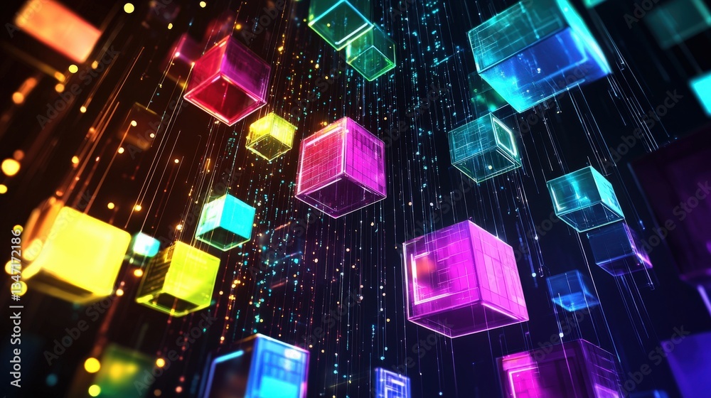 Poster a vibrant composition of glowing blockchain symbols interacting with data grids