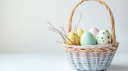 Fototapeta premium A tranquil Easter basket filled with pastel painted eggs against a pristine white background captures the classic Easter concept. Perfect for seasonal decor and high-quality visual content 