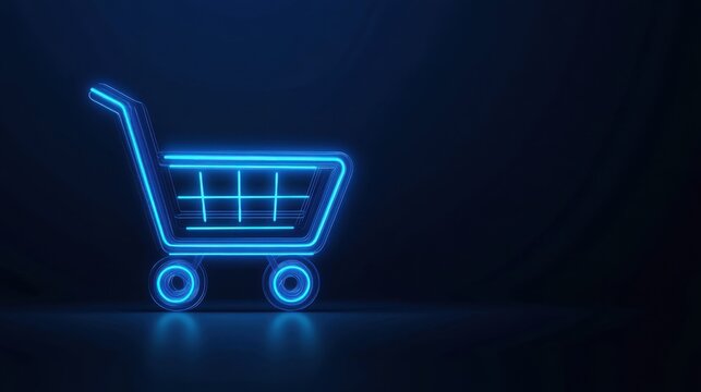 Bright neon digital cart icon against a deep blue tech background, illustrating AI-driven retail advancements. - Powered by Adobe