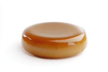 A single, round piece of caramel candy with a glossy, amber finish.