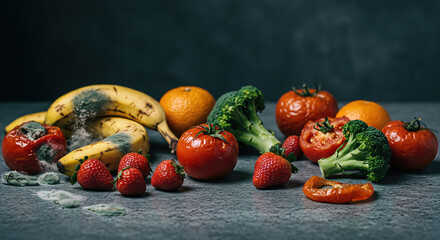 Closeup of rotting fruits and vegetables in various stages of decay