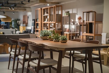 A Modern Live Edge Dining Table Set in a Stylish Showroom