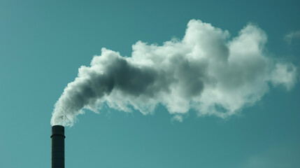 Factory chimney releasing white smoke into the blue sky,
White smoke from the industrial chimney pollutes the blue sky