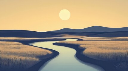 Fototapeta premium Serene River Sunset Landscape with Minimalist Nature Scene.
