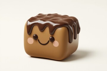 A cute, 3D-rendered cube-shaped dessert topped with melted chocolate.
