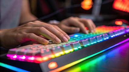 Fototapeta premium Close up of hands typing on backlit gaming keyboard, showcasing dynamic and engaging atmosphere