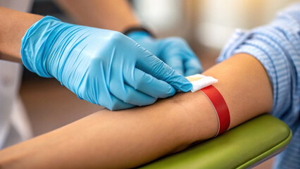Applying antiseptic to patient arm before medical procedure, showcasing gloved hand and bandage. scene conveys sense of care