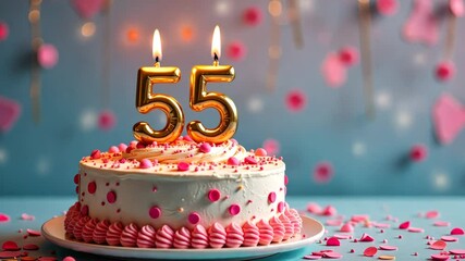A celebratory cake with golden "55" candles and pink confetti for a 55th birthday. Concept of: Age Celebration.