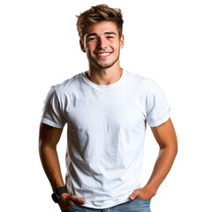 Handsome young man in a casual t-shirt and jeans, smiling with a relaxed pose, isolated on a white transparent background.