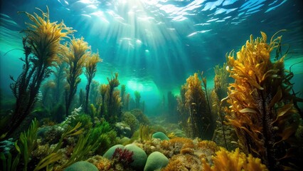 Obraz premium Panoramic Underwater Golden Kelp Forest, Laminaria ochroleuca, Spain's Eastern Atlantic Ocean Algae