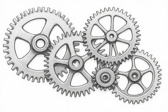 Detailed pencil drawing of five interlocking gears with visible teeth and spokes, isolated on a white background. Illustrating mechanical systems, engineering concepts, and technical education.