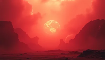 Fototapete Rund Otherworldly landscape with red skies and giant planets on the horizon. © MoMi