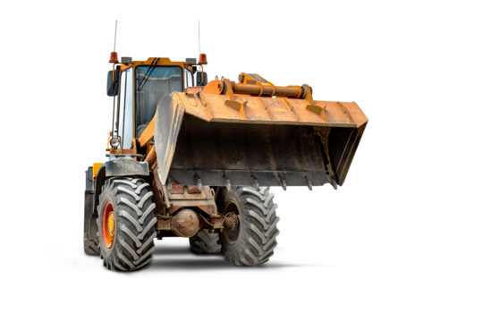 This powerful construction vehicle showcases a large front loader poised for heavy lifting and earth-moving tasks on an active worksite. Construction equipment rental.