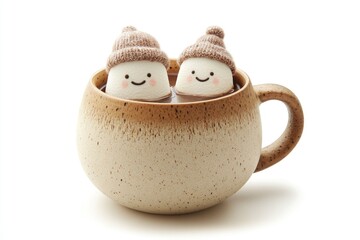 Two cute marshmallows wearing knitted hats are happily floating in a warm mug of hot chocolate.