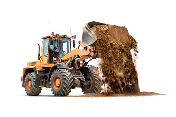 A powerful loader unloads sand from its bucket to prepare a construction site for upcoming...