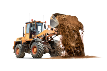 A powerful loader unloads sand from its bucket to prepare a construction site for upcoming construction work. It is isolated on a white background for design. Construction equipment rental.