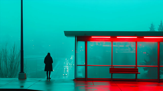 A solitary figure stands at a vibrant bus shelter, enveloped in dense fog under a twilight sky