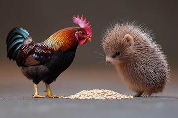 Naklejka premium Rooster and porcupine sharing food