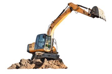 A powerful excavator at work, its boom is raised, and the bucket is hovering over a pile of sand. Ready for rent to participate in various projects. It is isolated on a white background for design.