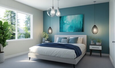 A modern bedroom interior decorated with calm and soft colors