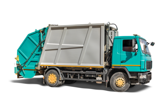 City garbage truck for sorting and removing garbage. Removal of household waste. Garbage truck isolated on a white background for design.