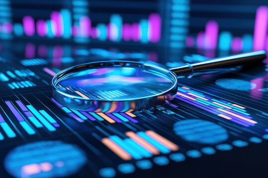 Charts analyzed with magnifying glass. Vibrant, futuristic data visualization