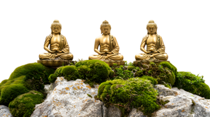 golden buddha statues on mossy rocks on transparent background, detailed photo, png 