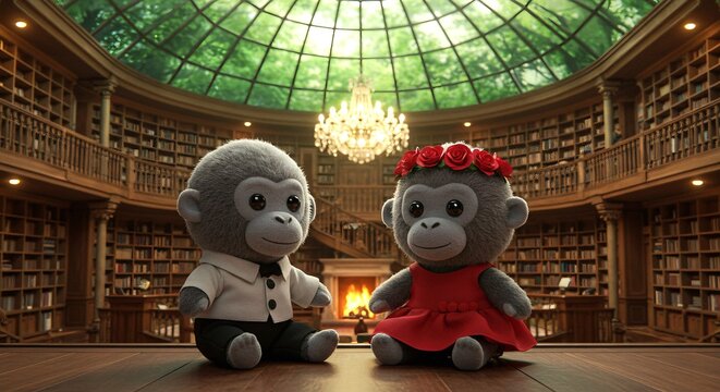 Una linda pareja de gorilas en una hermosa biblioteca con una c&uacute;pula de cristal en el techo.