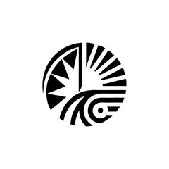 An abstract tribal pattern arranged in a circular shape, with geometric designs forming sun-like and wave-like elements