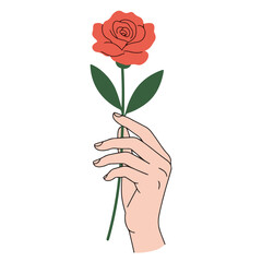 Elegant hand holding a blooming red rose, symbolizing romance, affection, and tenderness. Ideal for Valentine's Day, love-themed designs, and floral artwork.
