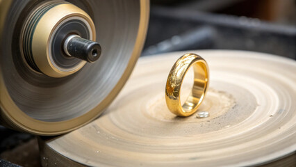 Obraz premium jeweler polishing wheel is smoothing gold ring, showcasing intricate details and shine of metal