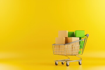 Colorful Delivery Boxes in Shopping Cart Against Bright Yellow Background for Digital Marketplace Concept