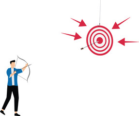 Businessman shooting bow on target bullseye