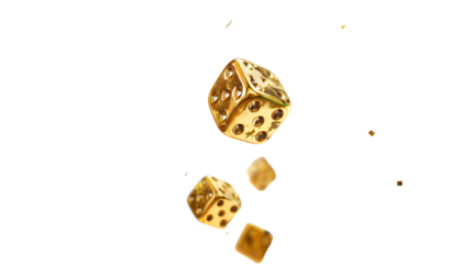 Golden dice tumbling in mid-air isolated on transparent background, detailed photo, png 