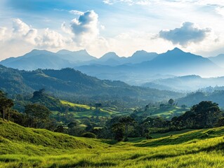 Naklejka premium Lush green valley nestled amongst towering blue mountains, bathed in the soft light of the evening sun. Rolling hills, dense foliage, and distant peaks create a serene landscape