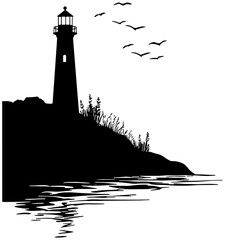 Silhouette of a lighthouse on an island, isolated 