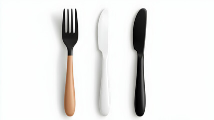 Black White and Brown Plastic Cutlery Set on White Background