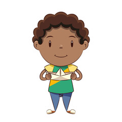 Black child holding origami paper boat
