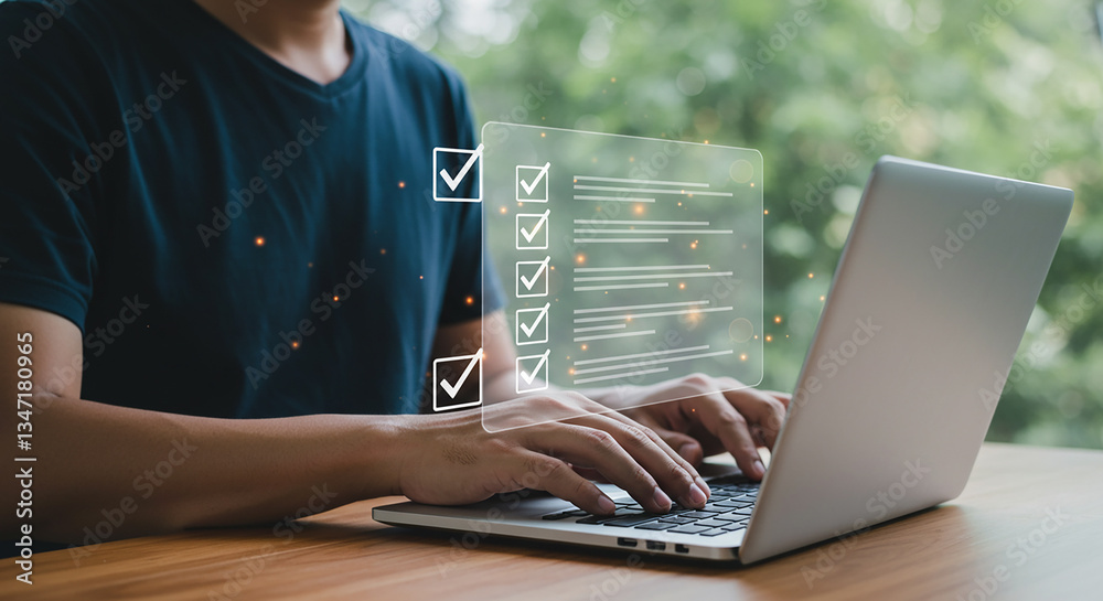 Wall mural person using laptop with checklist overlay for task management and productivity enhancement online w